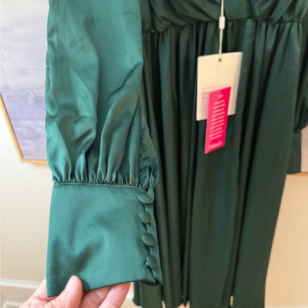 Mac Duggal Emerald Green Long Sleeve Bishop Satin Cocktail Dress - Picture 5 of 9